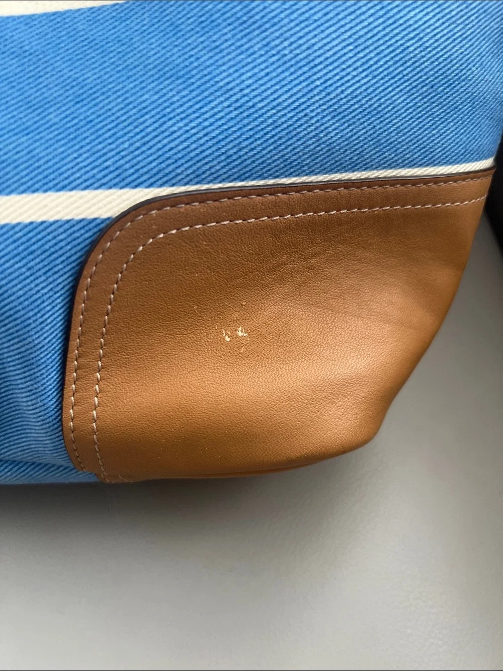 Coach Hadley Variegated Canvas Stripe Tote in Cream, Blue & Brown Leather